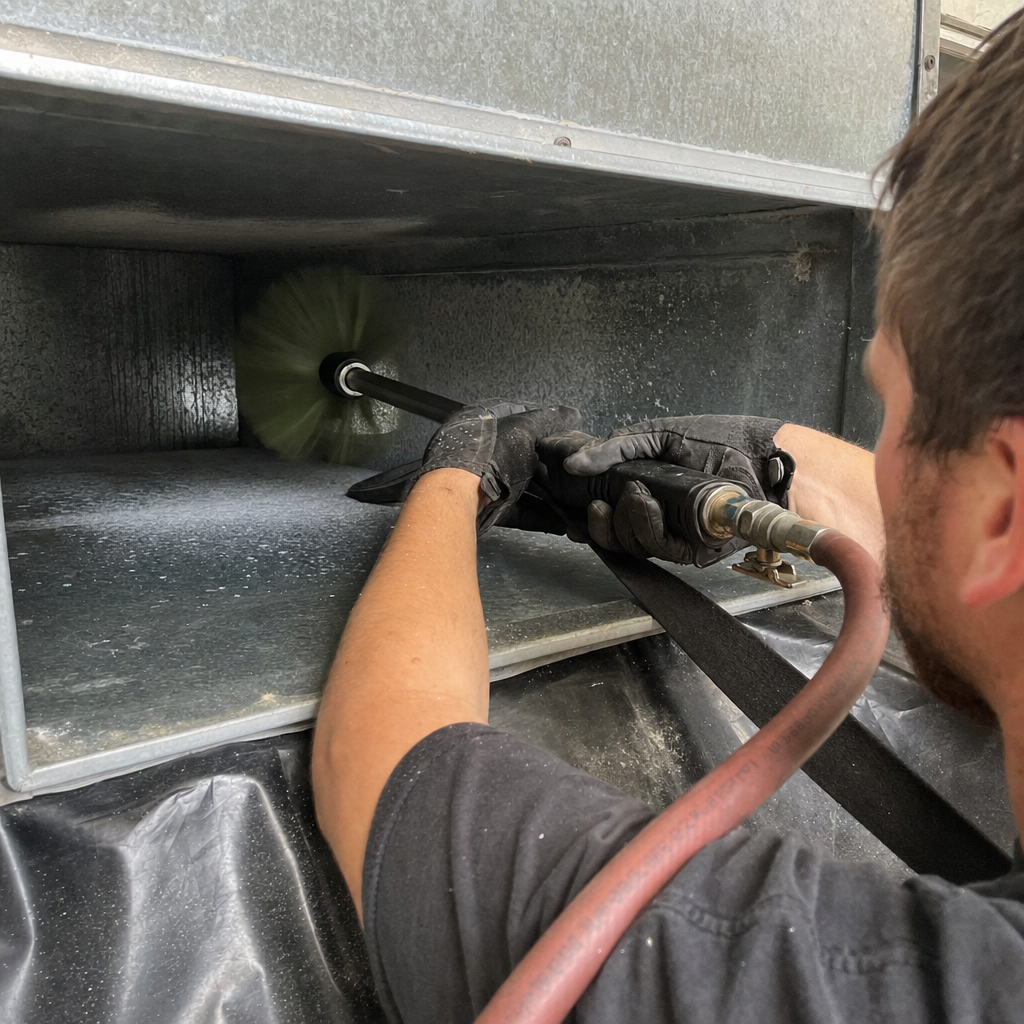Technician using a rotating brush tool for professional air duct cleaning