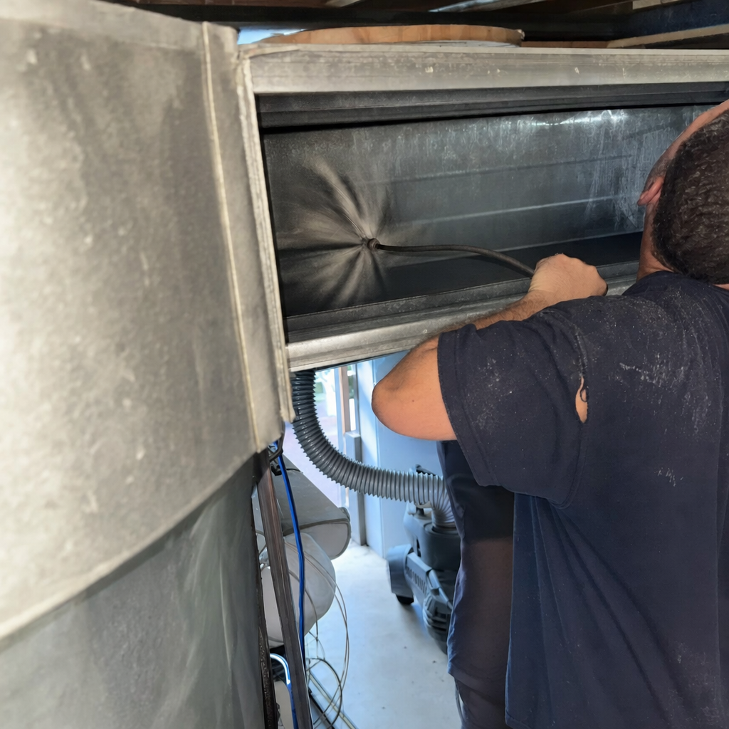 Technician performing professional residential air duct cleaning service