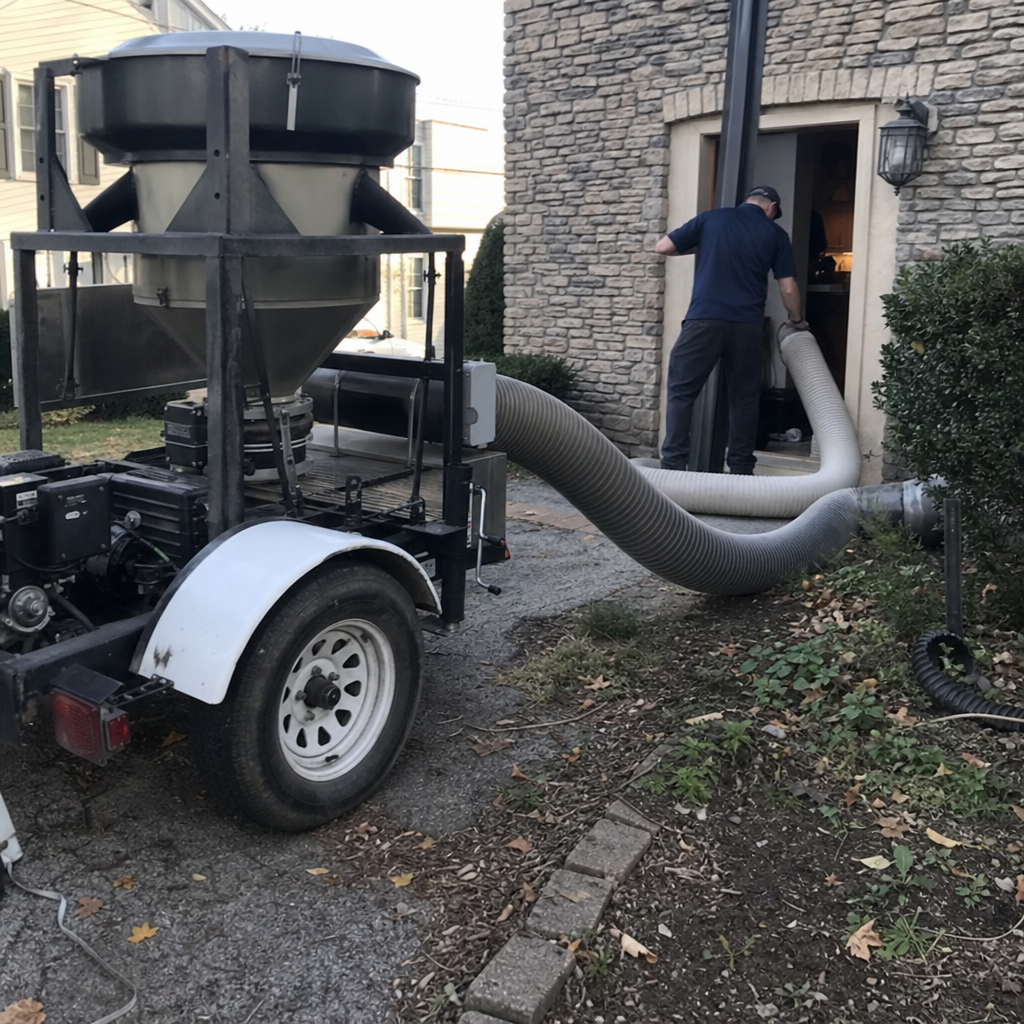 Professional air duct cleaning technician using industrial vacuum equipment at a home.