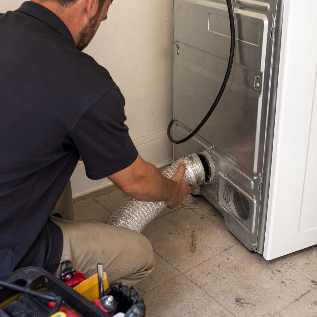 Technician performing professional dryer vent cleaning and maintenance service