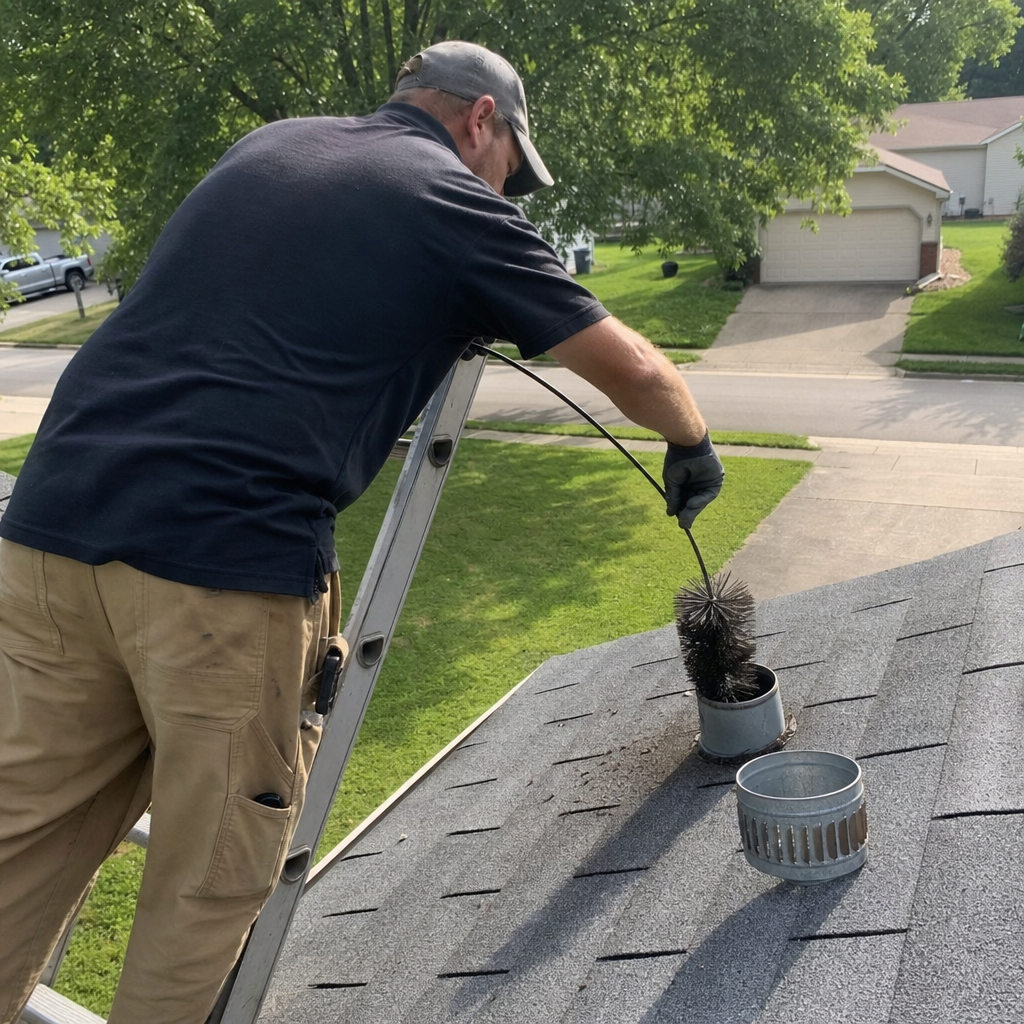 Technician performing professional rooftop dryer vent cleaning with a brush
