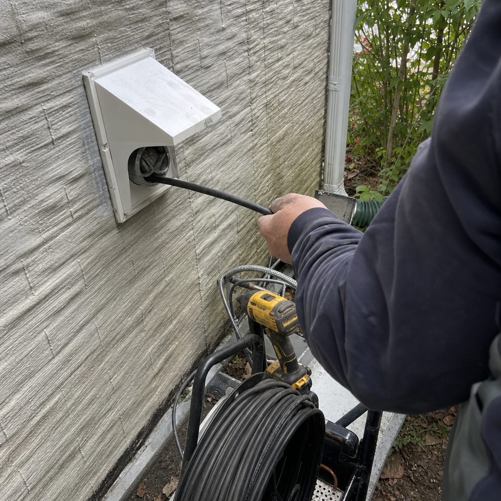 Technician performing professional dryer vent cleaning with inspection equipment.