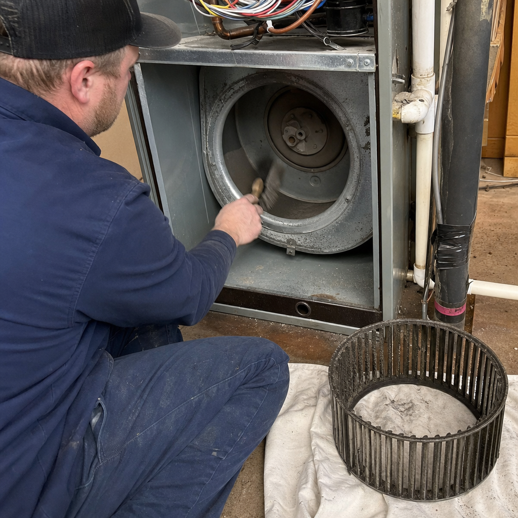 HVAC technician cleaning furnace blower assembly and wheel