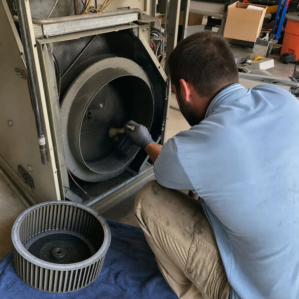 HVAC technician cleaning furnace blower assembly unit during maintenance