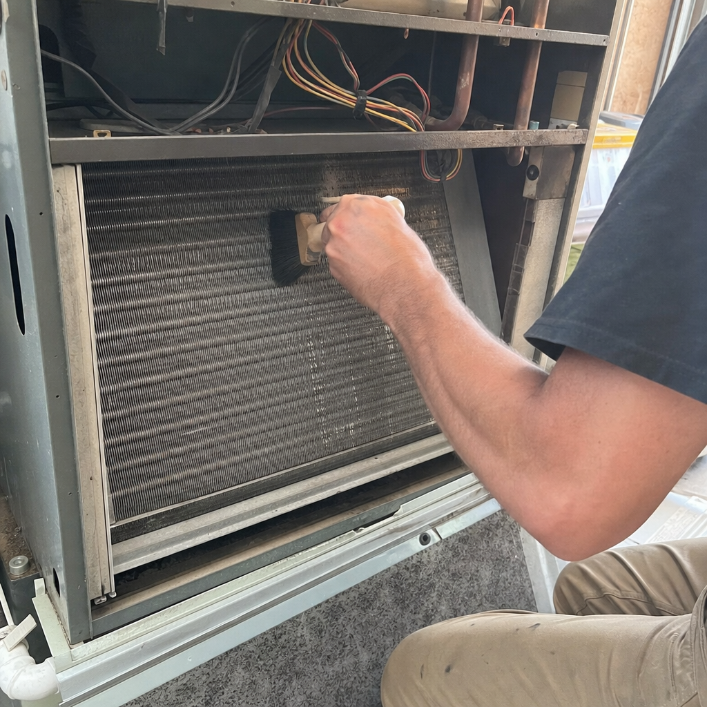 Technician cleaning HVAC evaporator coil fins with a soft brush