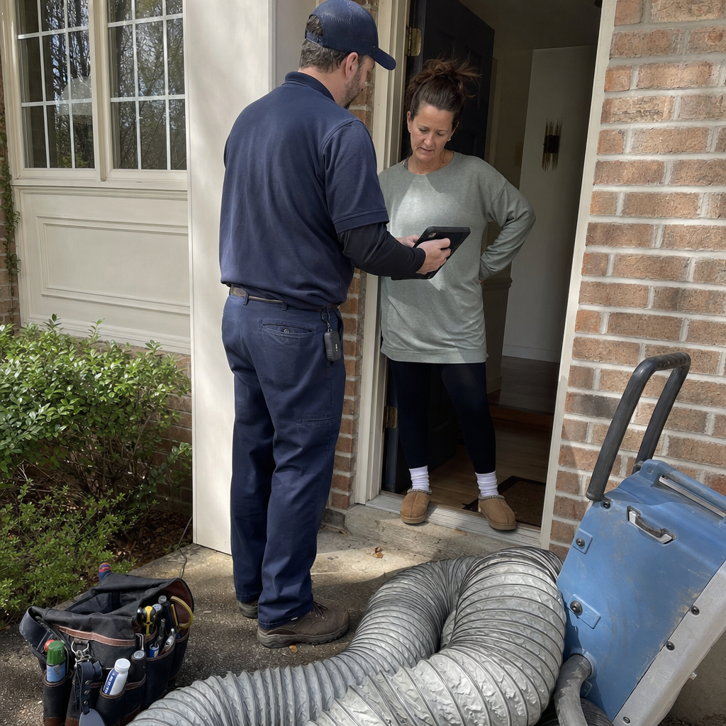 Technician using tablet to review air duct cleaning service with homeowner in Knoxville, TN