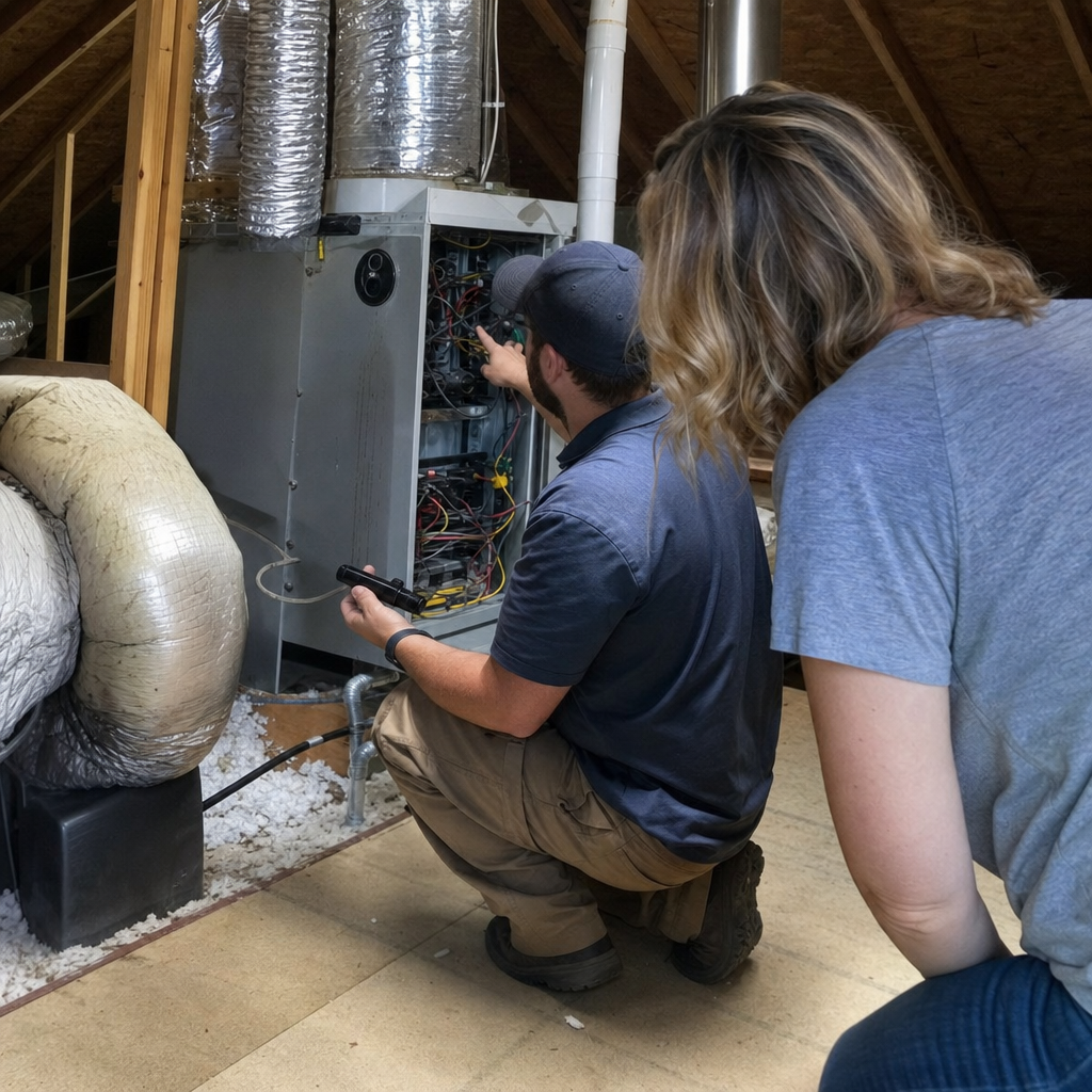 HVAC technician inspecting furnace components during professional air duct cleaning service in Knoxville, TN