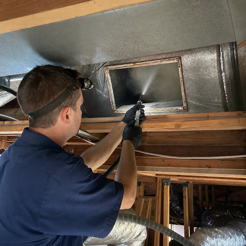 Technician performing professional HVAC air duct sanitizing and cleaning in Clinton, TN