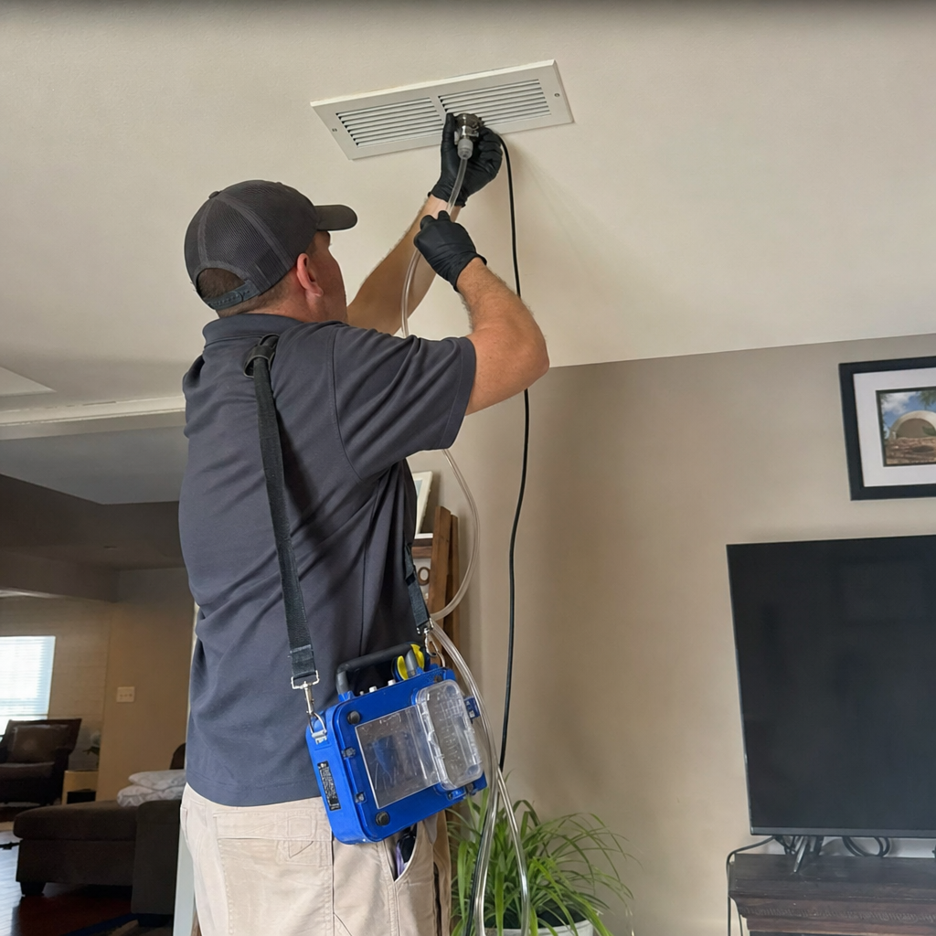 Technician performing professional air duct quality testing and residential sanitizing. in Clinton, TN