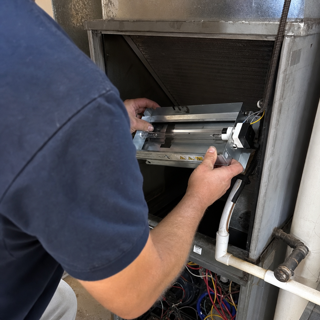 Technician installing HVAC UV germicidal light for air sanitization in Eagleton Village, TN