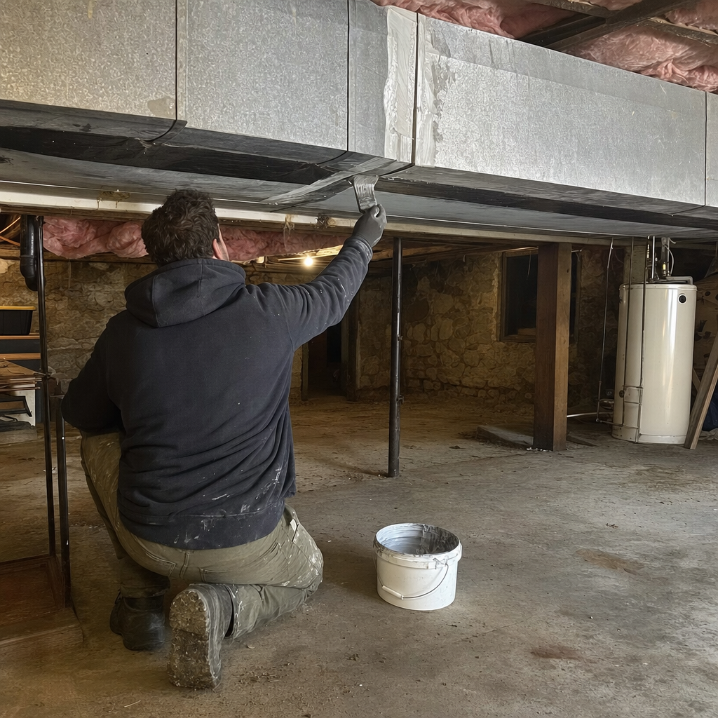 Technician sealing air duct seams with mastic in a basement in Knoxville, TN