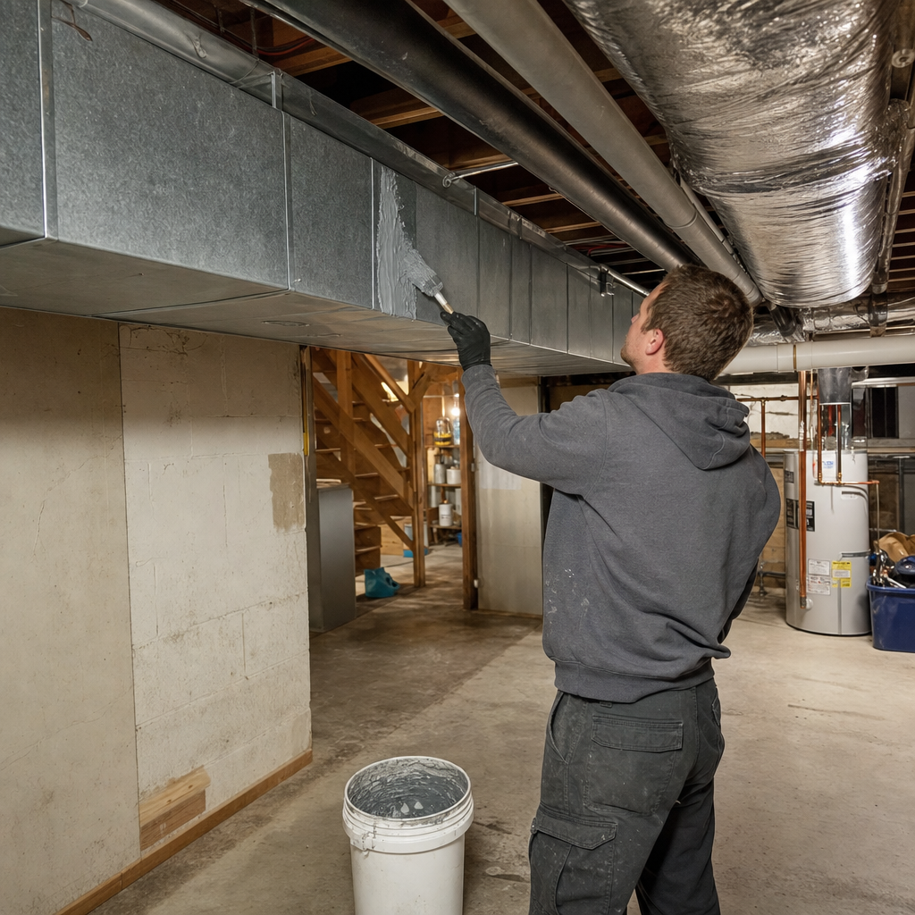 Professional technician applying HVAC duct sealant to seal air leaks in Knoxville, TN