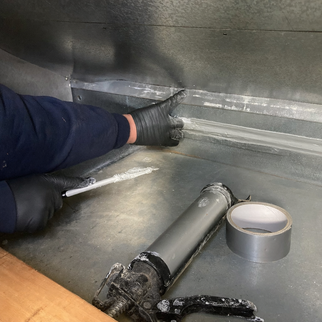Professional technician applying sealant to metal HVAC duct seam in LaFollette, TN